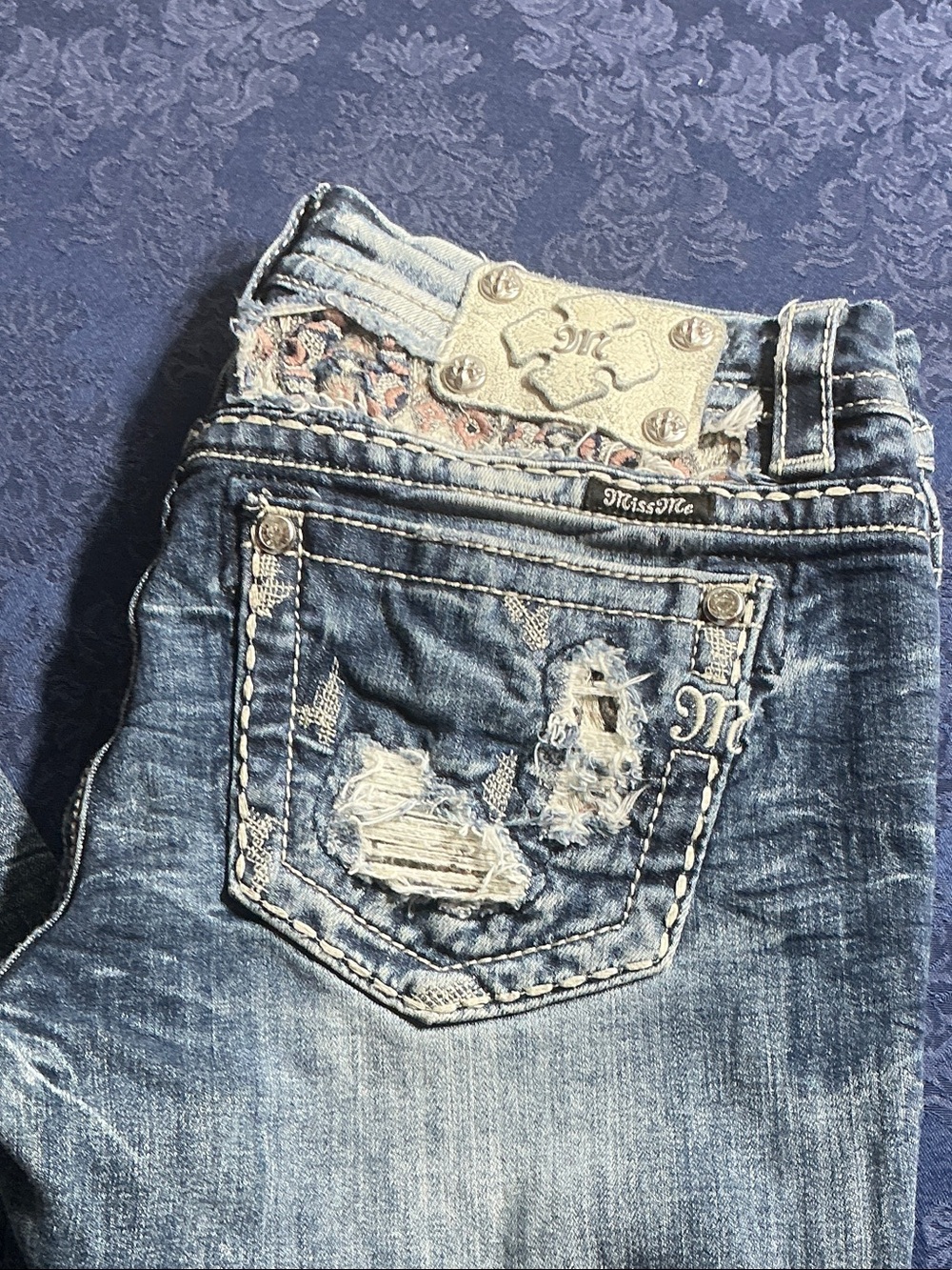 Miss Me Blue Distressed Skinny Jeans with Embroidered Back Pocket